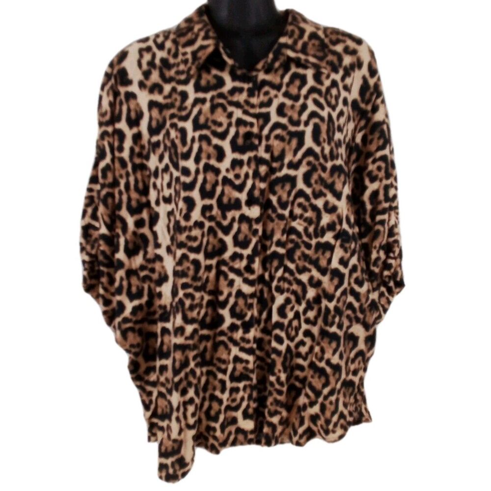 Women's Bibi Leopard Button Up Short Sleeve Blouse Seize Medium